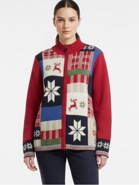 Christopher & Banks Vintage XL Patchwork Zip Cardigan Nordic Reindeer Snowflake